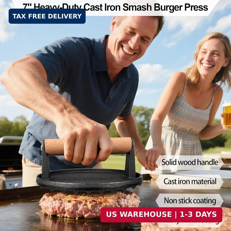 7" Cast Iron Smash Burger Press, Hamburger Press Patty Maker, Stainless Steel Sp gallery