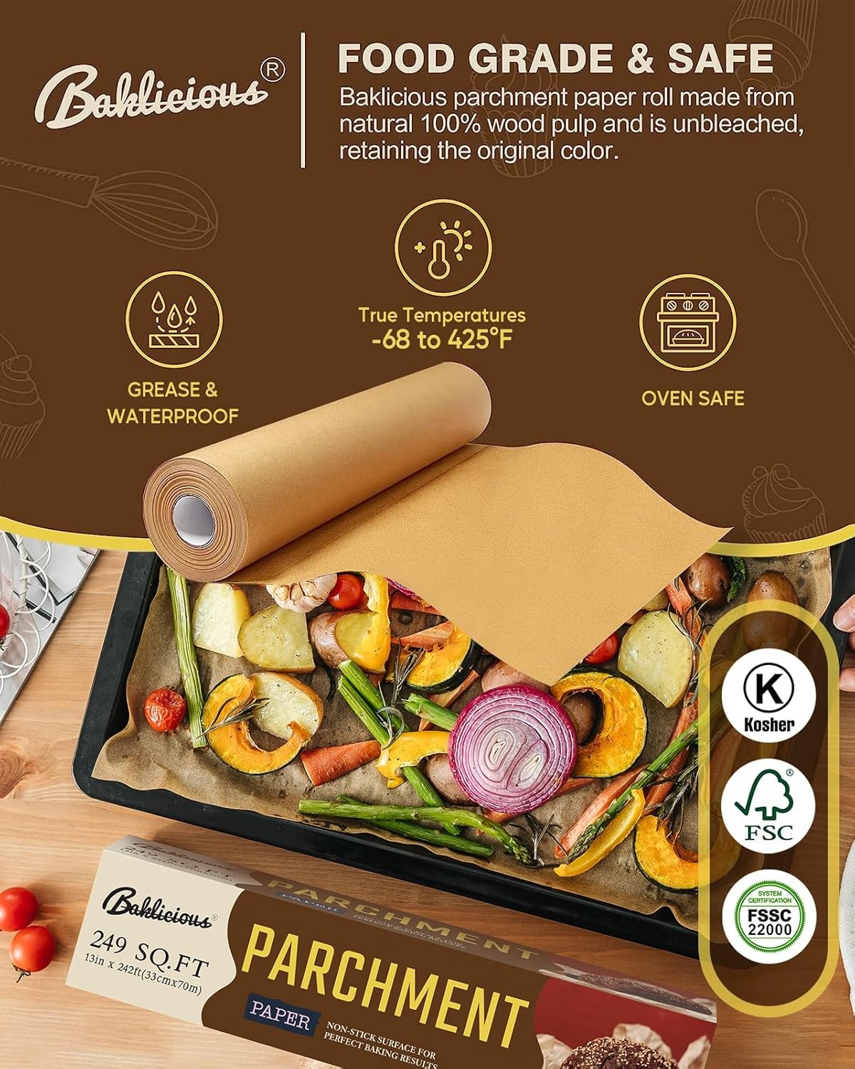 Unbleached Parchment Paper Roll for Baking, 13 in x 242 13inch-roll, Brown gallery