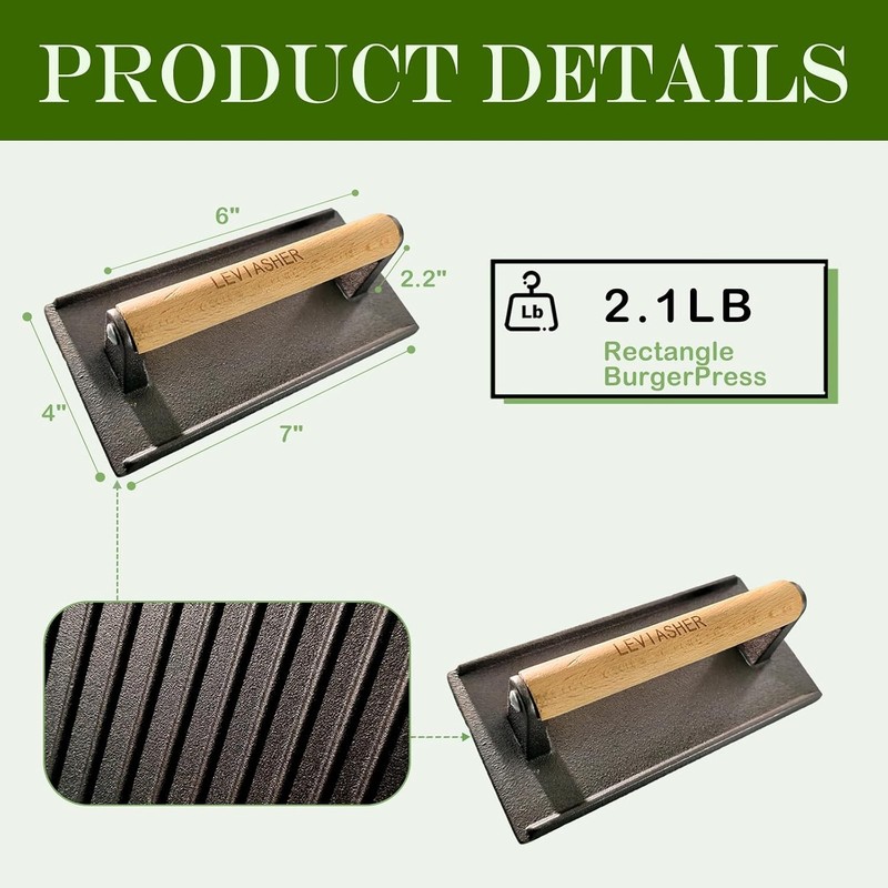 2Pack 2.1lb Steak Weight & Burger Press Striped Base 7"X4" Heavy Duty Cast Iron gallery