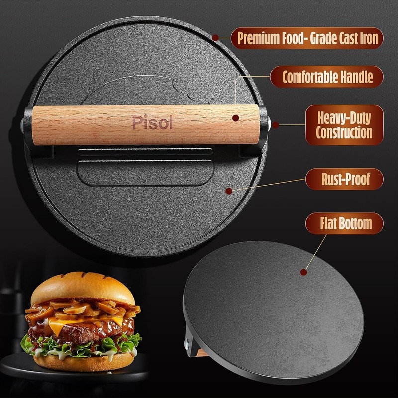 Cast Iron Smash Burger Press Pre-Seasoned Hamburger Smasher 2 lb Heavy-Duty gallery