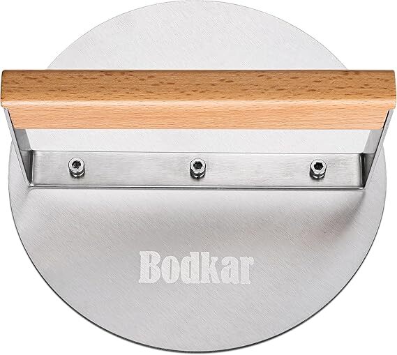 Bodkar Stainless Steel 6" Round Burger Smasher Grill Press with Wood Handle