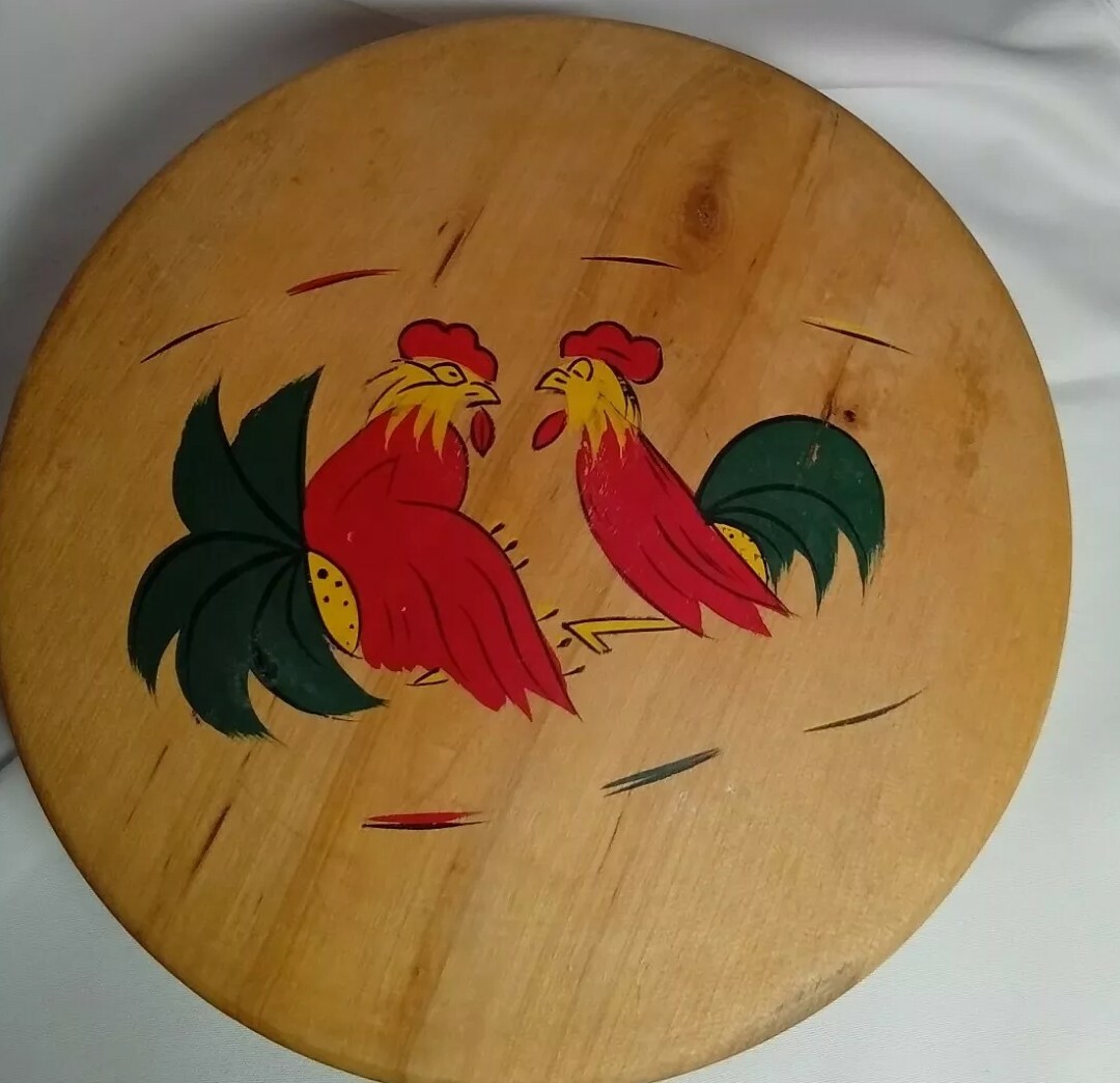 Wooden Hinged Round Hamburger / Patty Press Painted Roosters Vintage Japan gallery