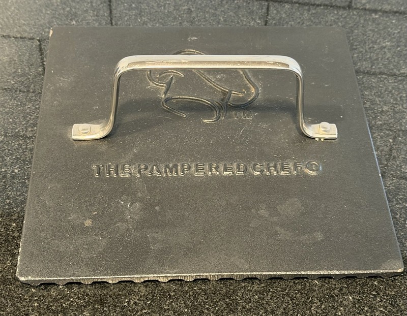 Pampered Chef Cast Iron Grill Press 8.5 In Heavy Logo Handle gallery