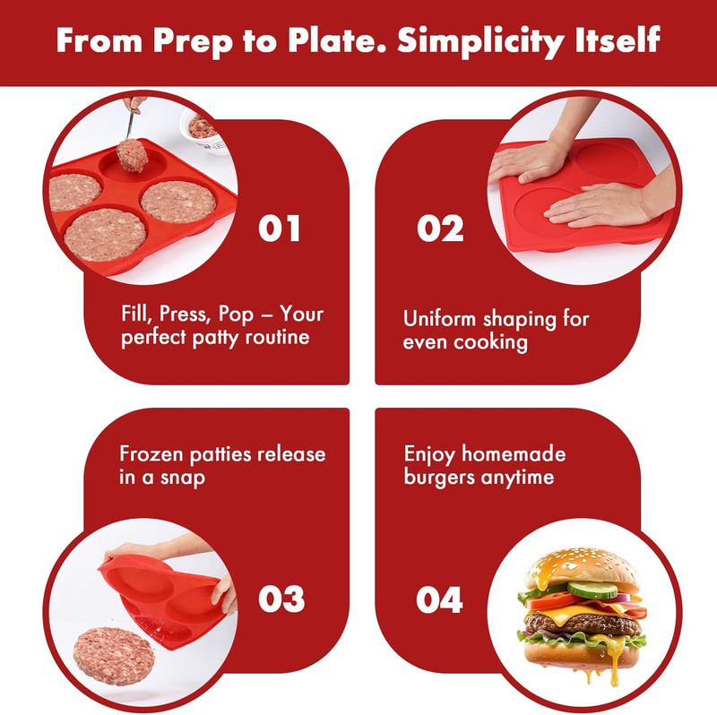 Silicone Burger Patty Maker & Freezer Tray, Grilling Cookware 4-Cavity Mold with gallery