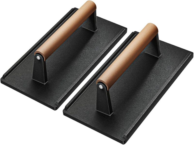 Cast Iron Grill Press-2Pcs, Heavy Duty Bacon/Burger/Griddle/Chef Press with Wood gallery