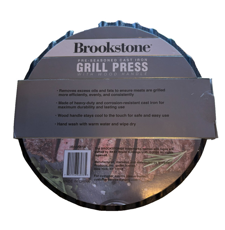 Brookstone Cast Iron Grill Press w/ Wood Handle Pre-Seasoned Steak Burger Press gallery