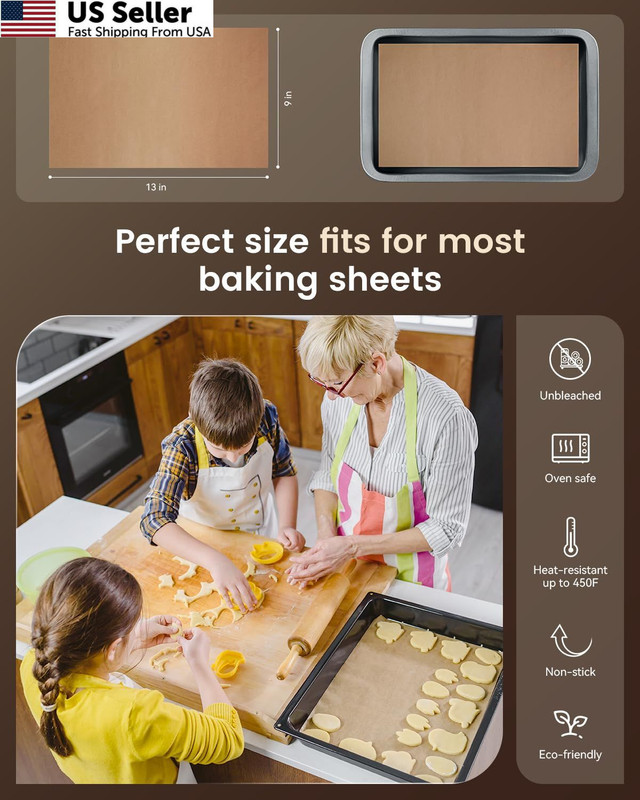Parchment Paper Sheet 100PCS 9x13 Precut Unbleached Non-Stick Baking Quarter USA gallery
