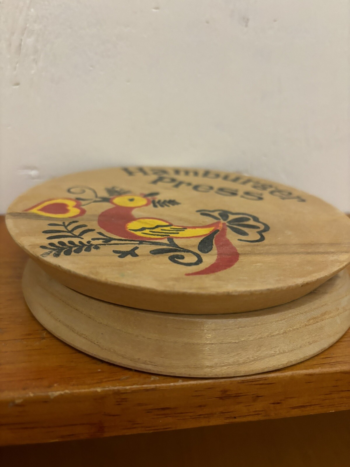 Vintage 1950’s Wooden Hamburger Press Hand Painted Bird Design 5.75” Dia. gallery