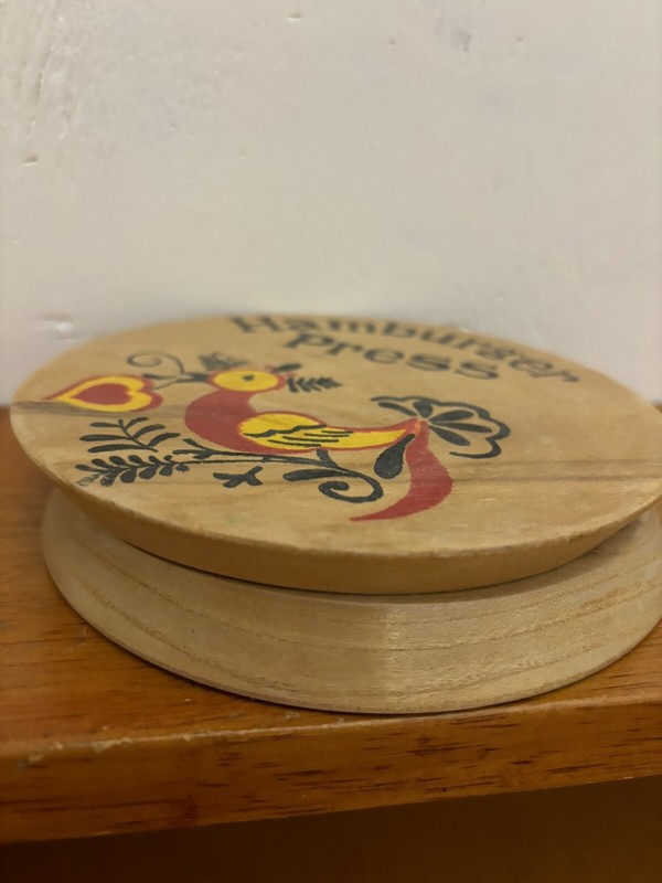 Vintage 1950’s Wooden Hamburger Press Hand Painted Bird Design 5.75” Dia. gallery