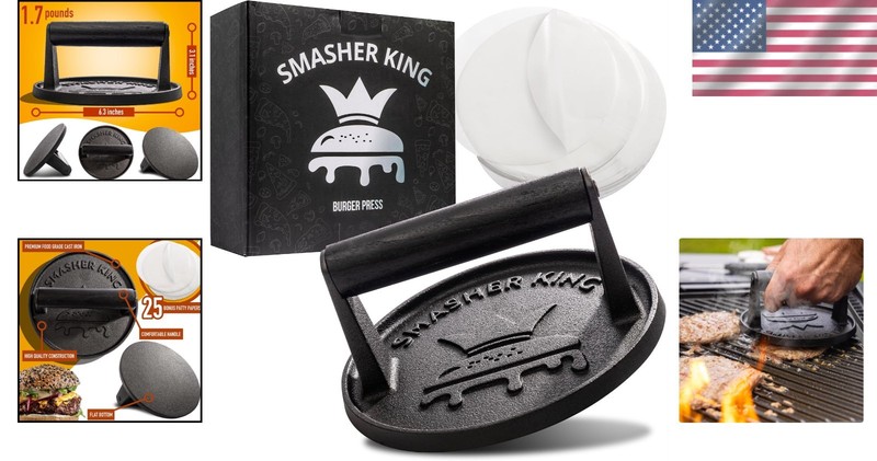 SMASHER KING™ - Cast Iron Smash Burger Press Incl. 25 Pcs of Patty Paper gallery