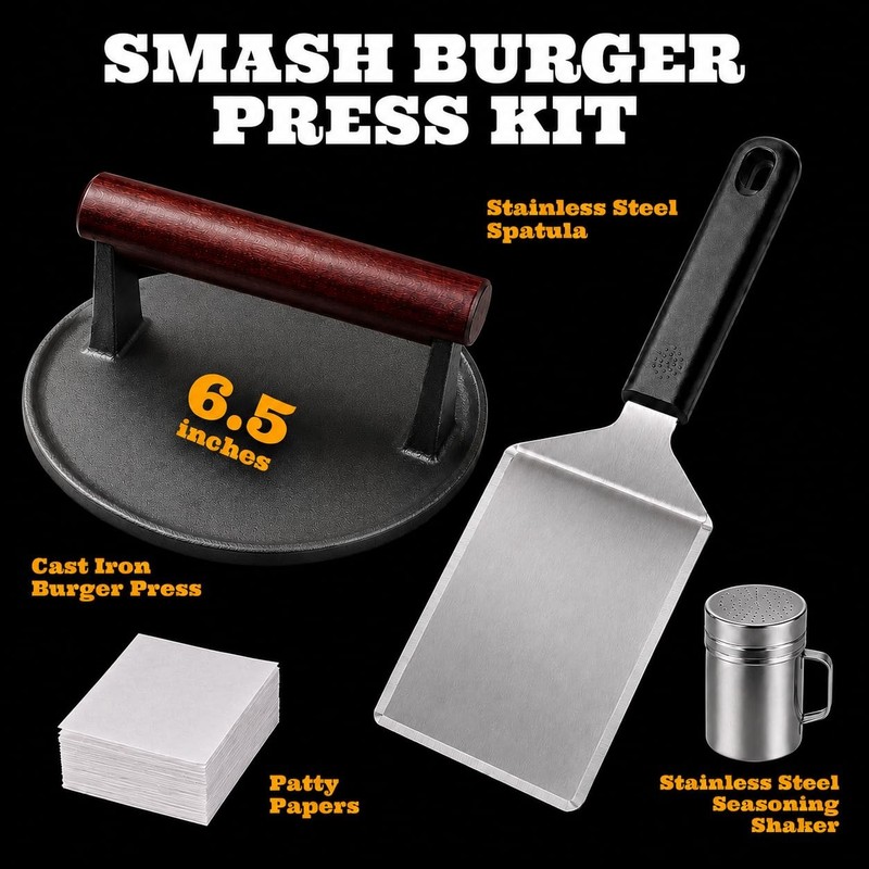 Smash Burger Press Kit - Cast Iron Burger Press (6.5 in), Smash Burger Spatul... gallery