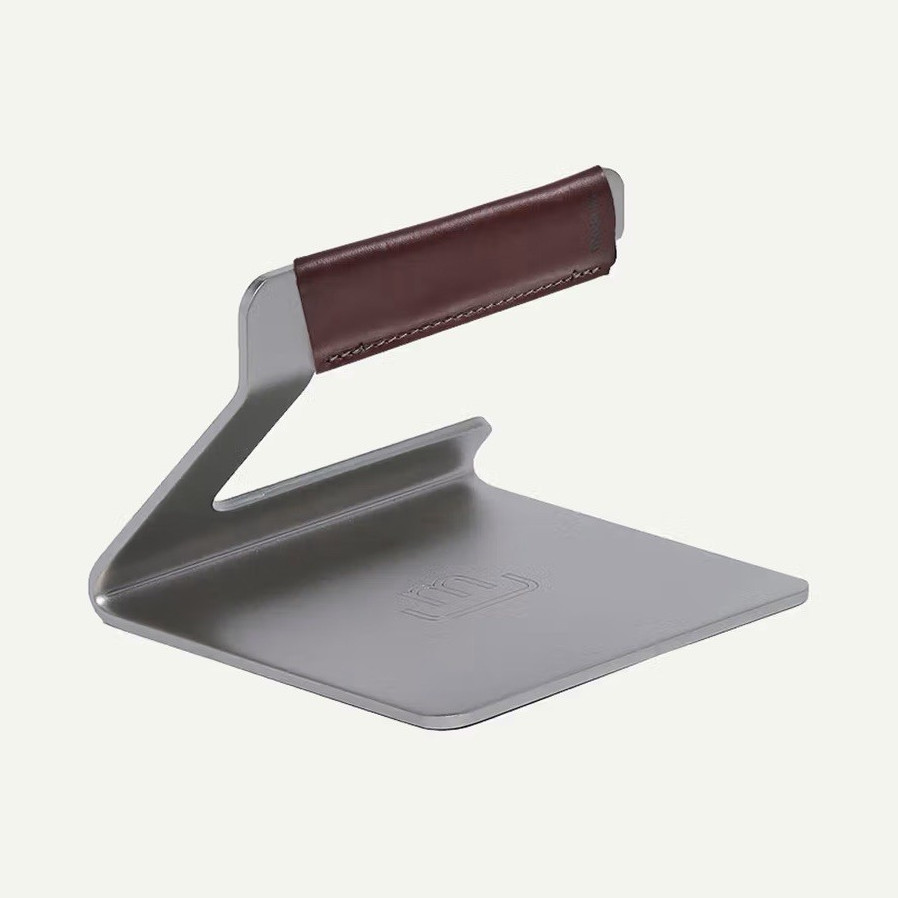 Made In 5.5” Metal Grill Press, Stainless Steel w/ Brown Leather Handle gallery