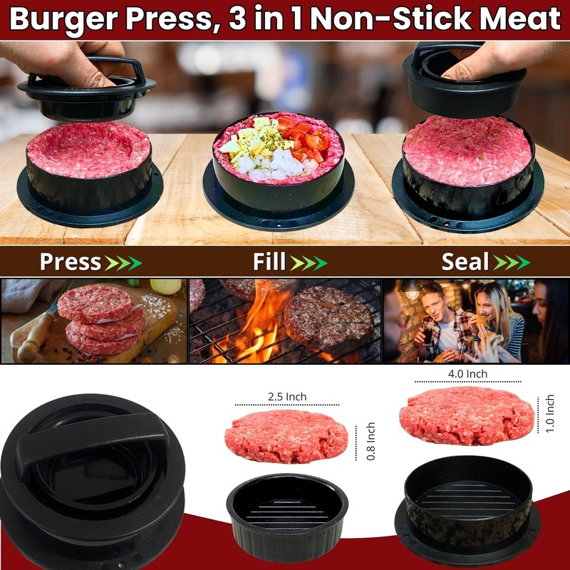 ® Smashed Burger Press BBQ Kit: 7"Round & 8.2x4.3 Rectangle Cast Iron Bacon gallery