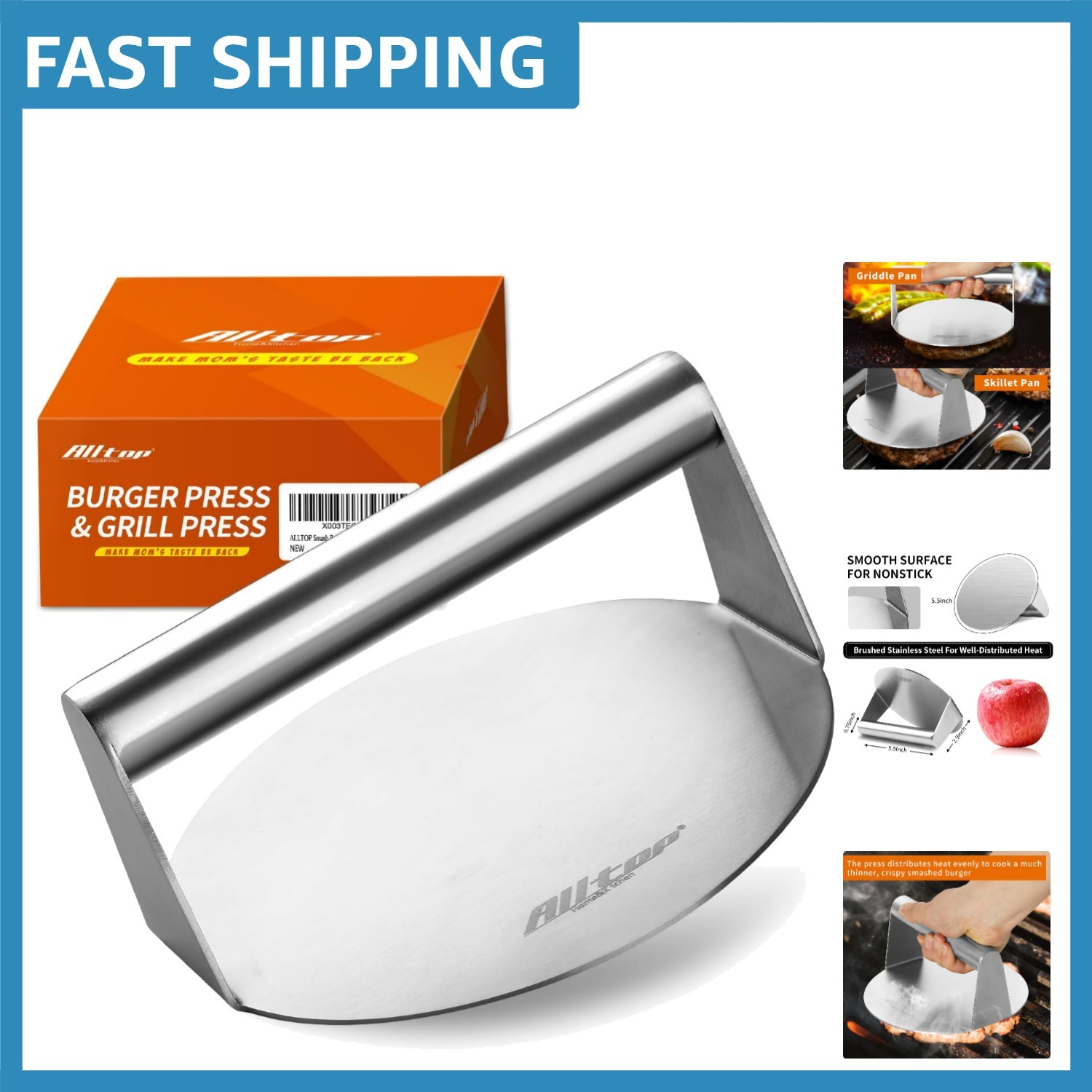 5.5" Stainless Steel Burger Smasher - Non-Stick Patty Maker for Perfect Grilling gallery