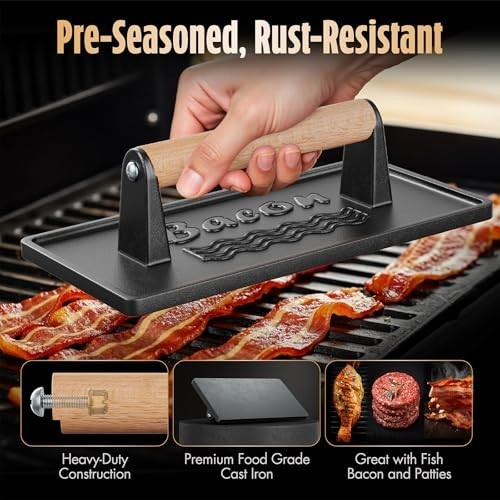 Heavy-Duty Cast Iron Bacon & Burger Press Tool - Pre-Seasoned, 2 lb, Wood Handle gallery