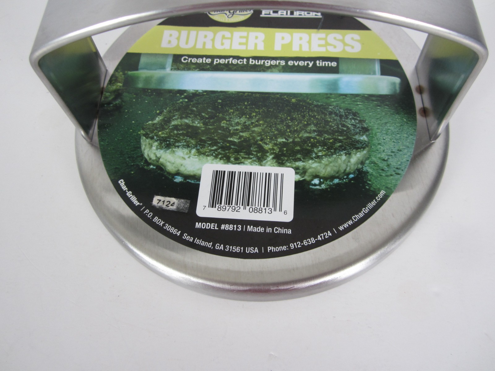 Char-Griller Flat Iron Griddle Burger Press Silver Metal, 6" Diameter Round NEW gallery