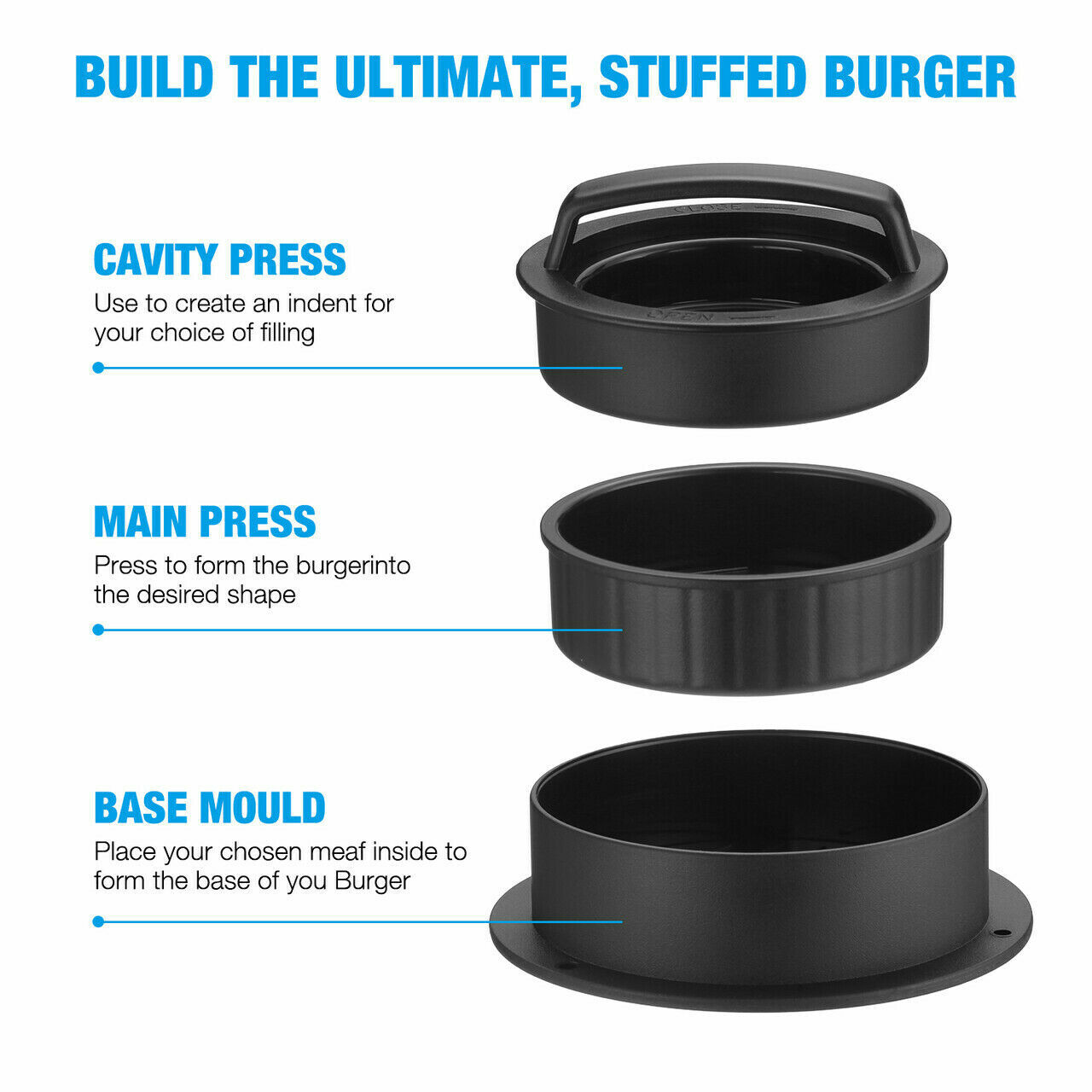 Non Stick 3 IN 1 Stuffed Burger Press Hamburger Patty Molds Maker Sliders BBQ US gallery