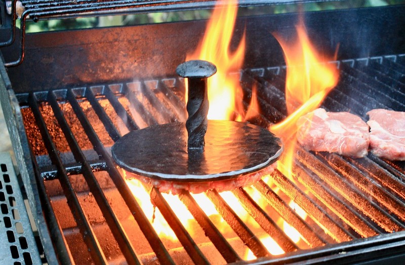 Hand Forged Carbon Steel Jumbo Hamburger Press With Railroad Spike gallery