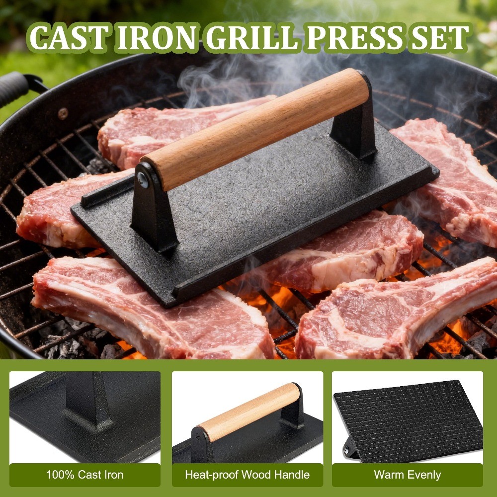 7" Round Smash Burger Press & 8"x4" Rectangle Cast Iron Grill Press gallery
