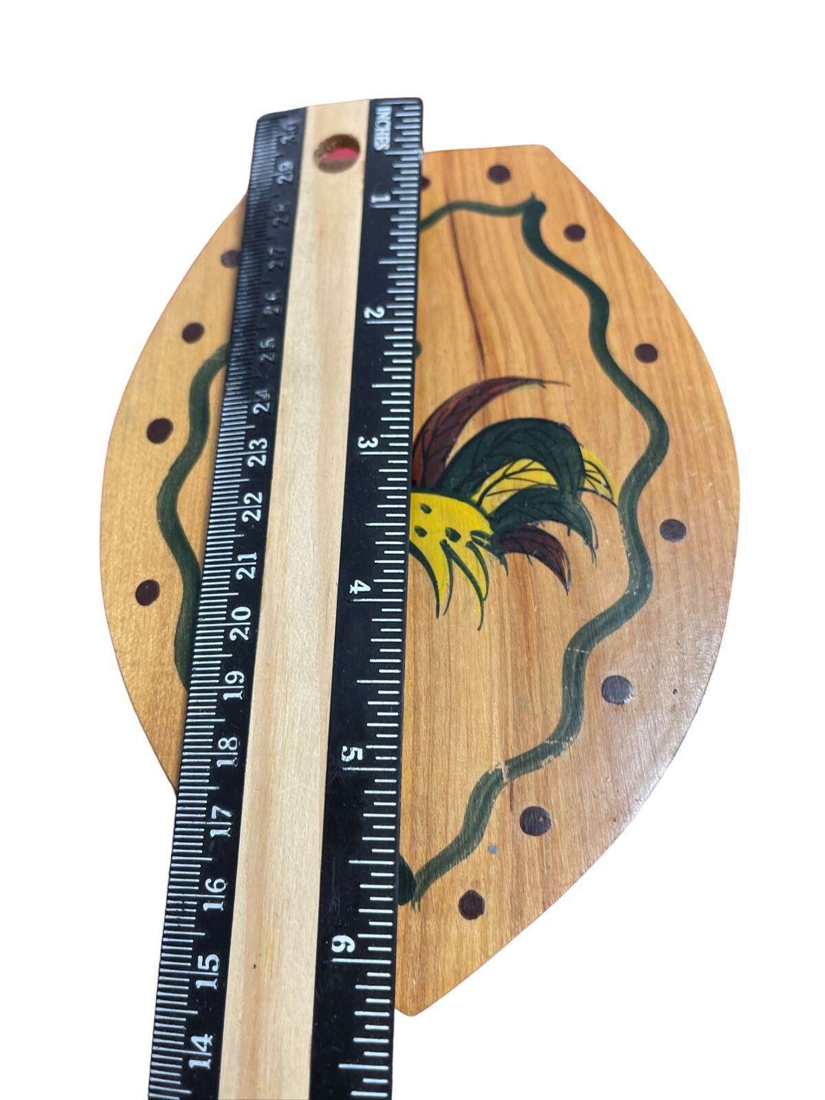 Vintage Wood Hamburger Press with Rooster Hand Painted in Japan gallery