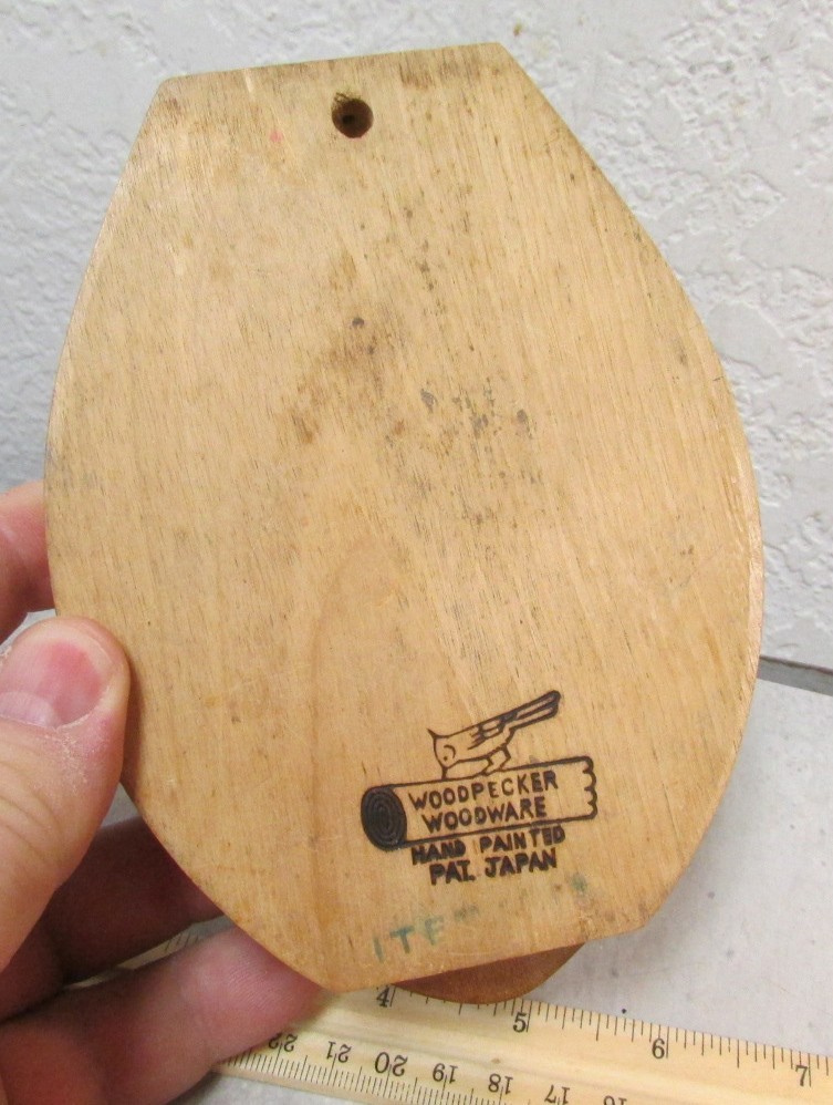 Vintage Wood Hamburger Press hand painted in Japan Woodpecker Woodware, kitchen gallery