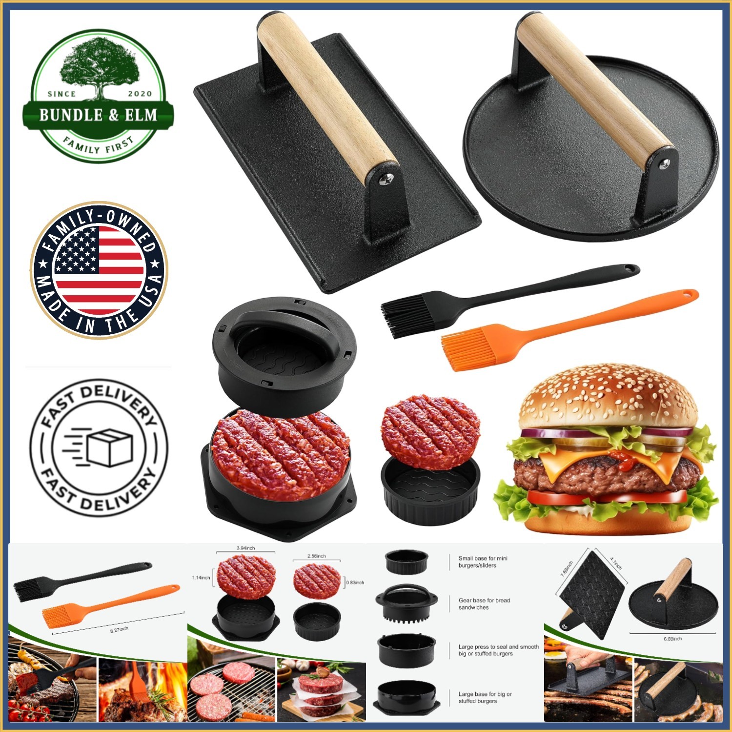 4-in-1 Stuffed Burger Mold with Nonstick Cast Iron Presses and Basting Brushes gallery